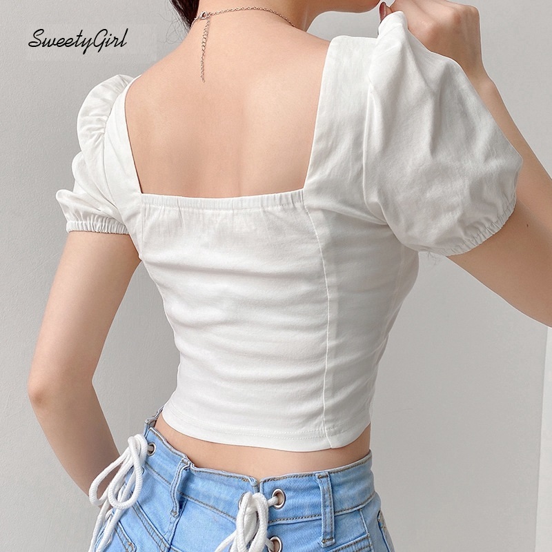 SweetyGirl Women Crop Top Fashion Solid Color Square Neck Short Sleeves Slim Fit Casual Streetwear