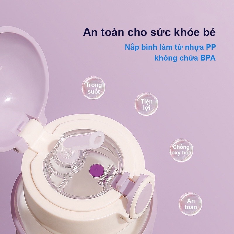 Bình nước cho bé có ống hút, Bình uống nước cho bé đi học 620ml bằng nhựa PC chịu nhiệt