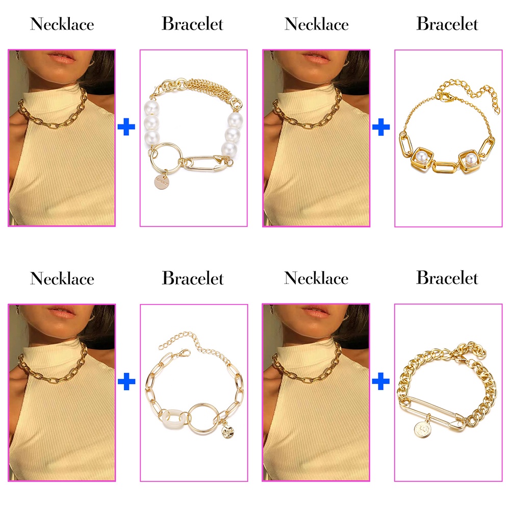 iF YOU Fashion Pearl Butterfly Necklace Bracelet Set Plaid Heart Pendant Necklace Gold Bracelet Women Jewelry Accessories