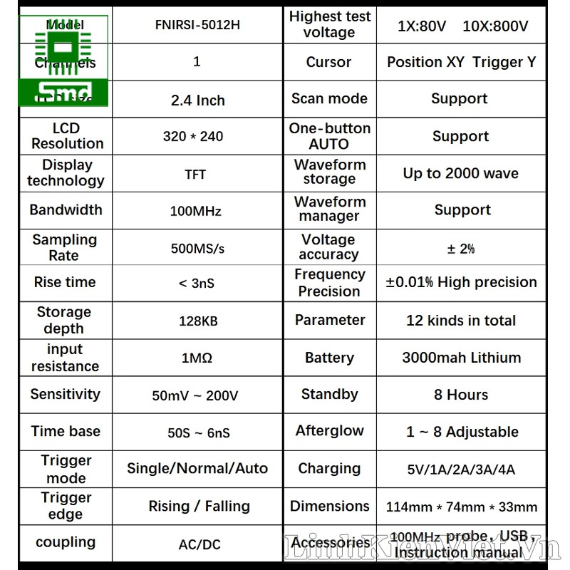 Máy hiện sóng cầm tay FNIRSI-5012H 100MHz, 5012H Oscilloscope 100MHz tốc độ lấy mẫu 500Ms/s