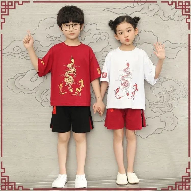 Set trang phục SANTIKUN áo thun tay ngắn họa tiết rồng và quần đùi phong cách Trung Hoa năm mới xinh xắn cho bé