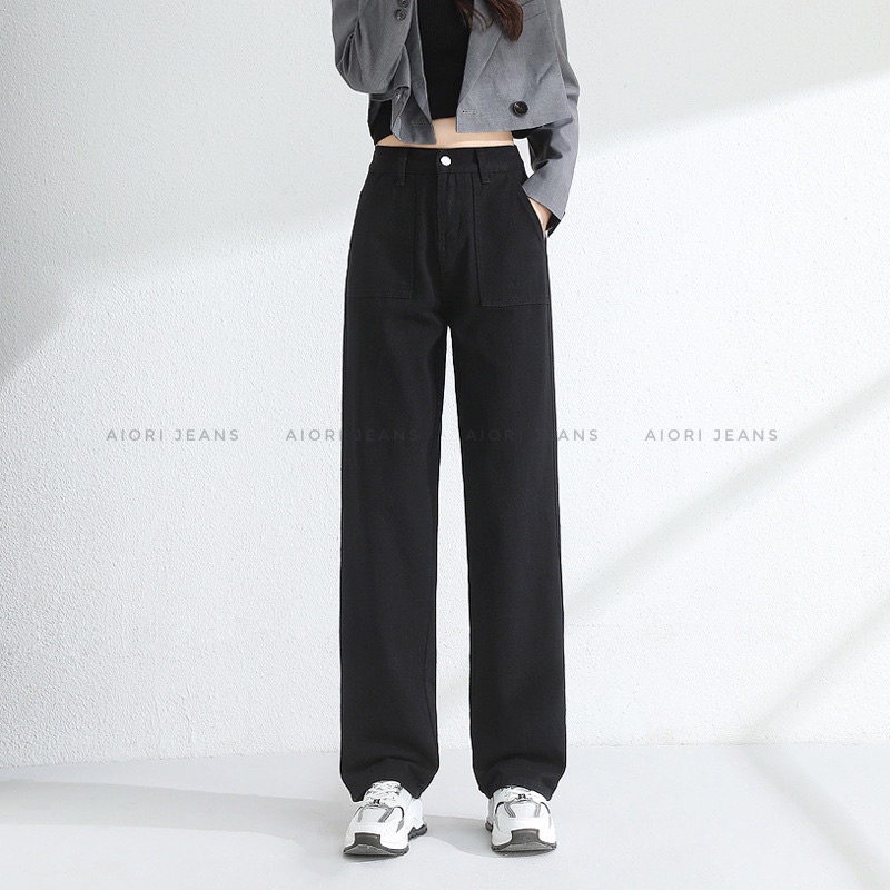 Quần Jeans Nữ Aiori Ống Rộng Lưng Cao 2 Nút Jean Ống Suông Trơn Lai Cuốn Phong Cách Thời Trang Hàn Quốc_Mã 62