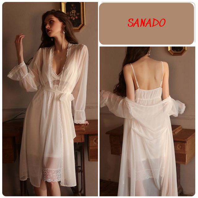(V22) Váy ngủ kèm áo choàng voan hàng cao cấp đồ mặc nhà nữ đẹp quyến rũ - Sanado