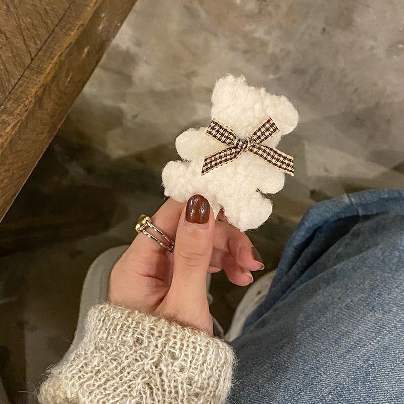 Kẹp Tóc Gấu Teddy Lông Xù Đính Nơ Caro