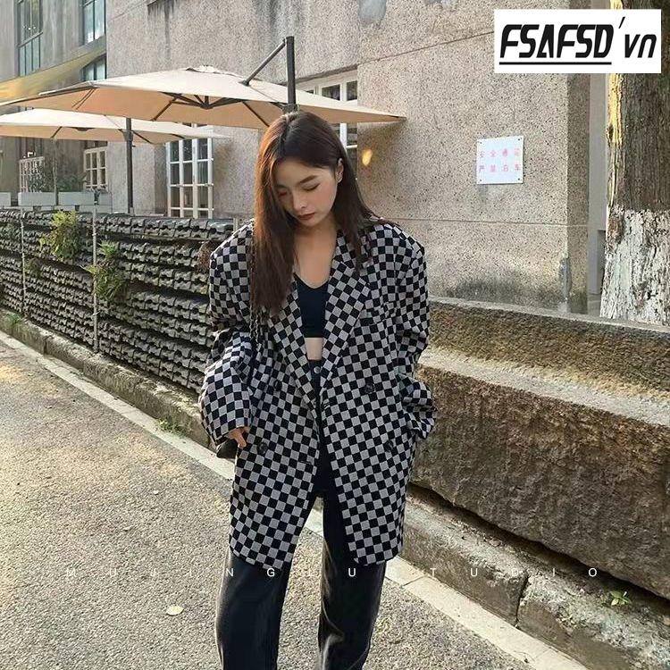 Áo Khoác Blazer Form Rộng Họa Tiết Sọc Caro Thời Trang