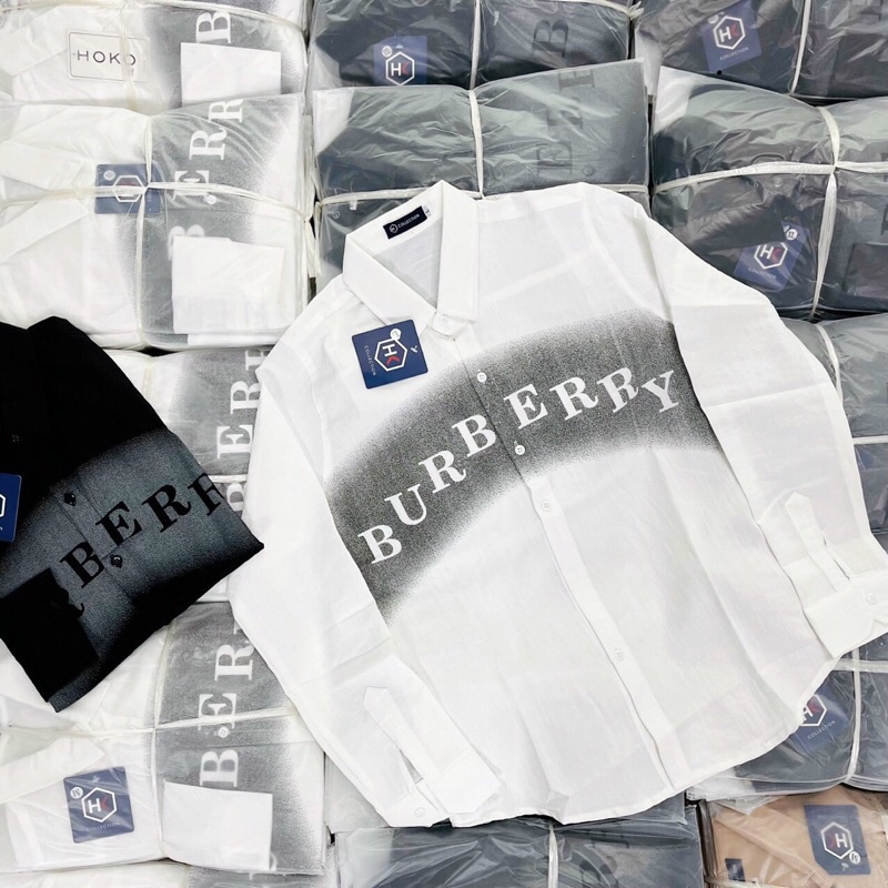 Áo sơ mi nam nữ dài tay chất liệu vải đũi in chữ BURB, DIO, phong cách thời trang công sở tinh tế và sang trọng