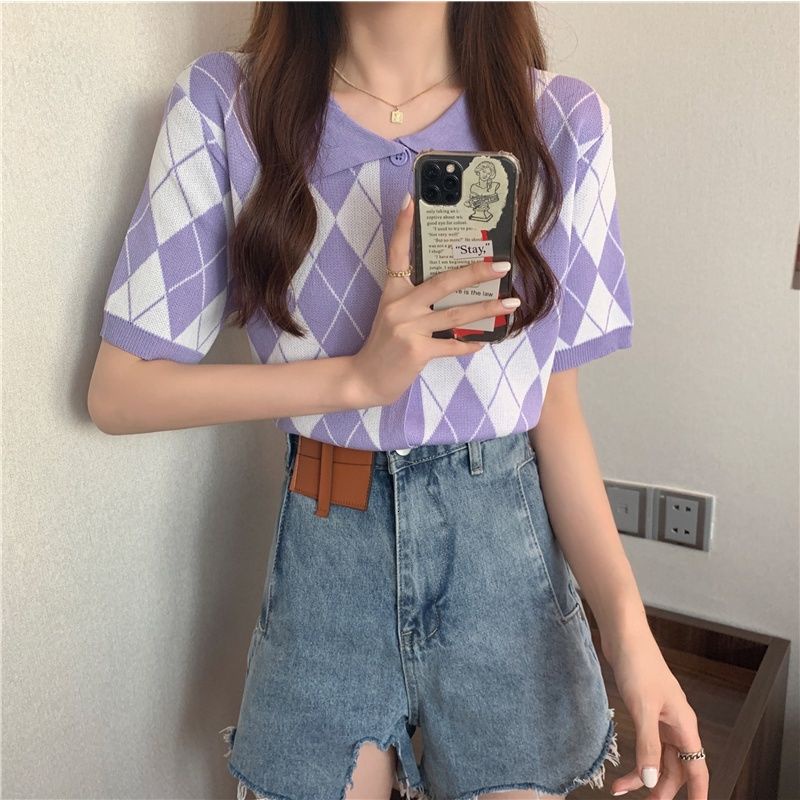 Áo Thun Dệt Kim Tay Ngắn Cổ Bẻ Đính Đá Phong Cách Retro