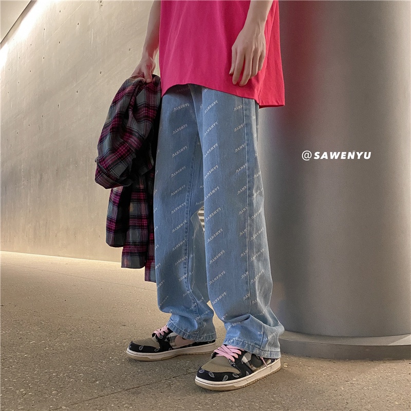 Quần jean ống rộng size lớn phong cách âu mỹ cho nam nữ Hip-Hop Printed Loose Jeans