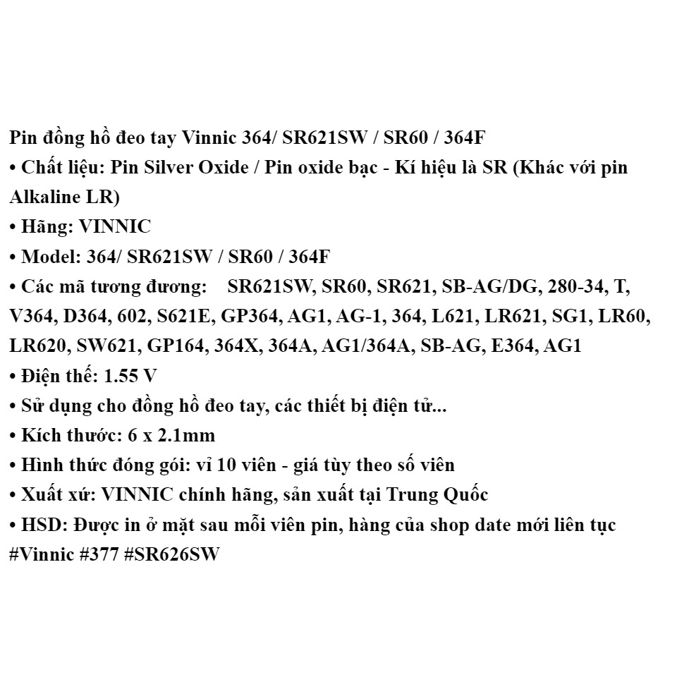 Pin đồng hồ oxit bạc Vinnic 364/ SR621SW / SR60 / 364F (Loại tốt - Giá theo số viên)
