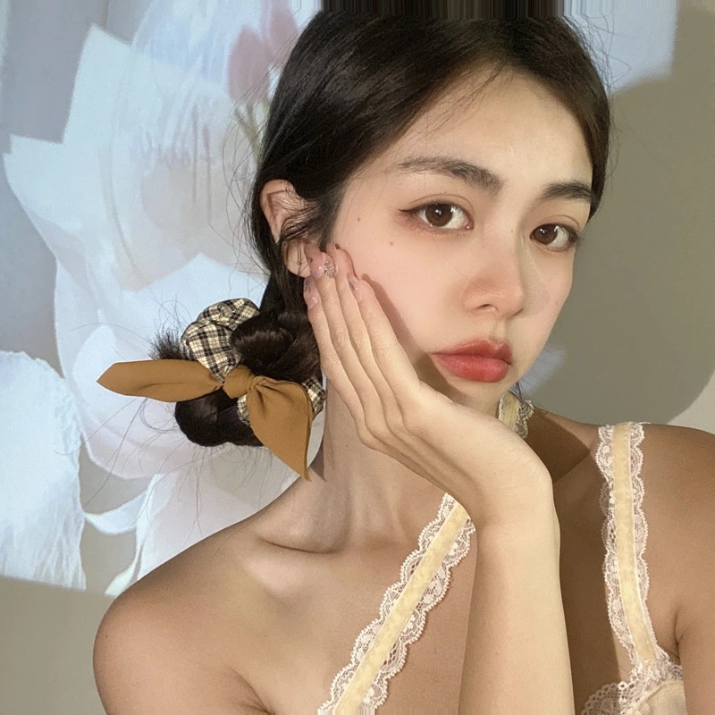 Scrunchies cột tóc caro sọc vải thắt nơ nhỏ màu trơn xinh xắn S24