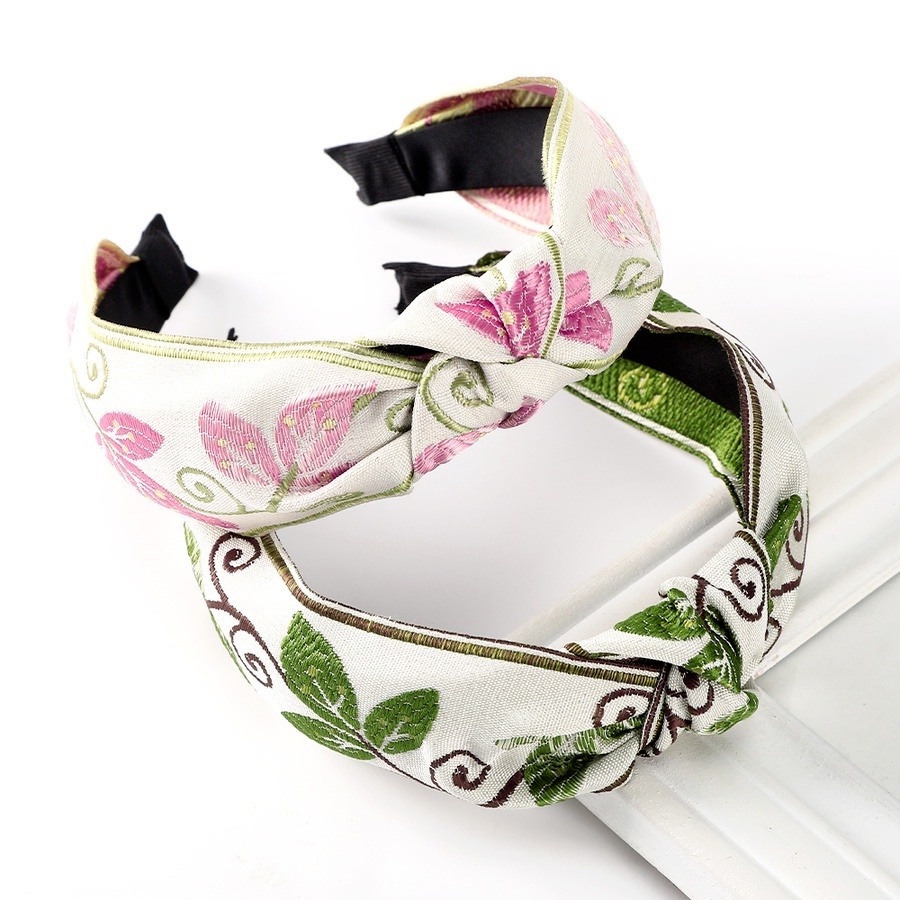 Băng đô cài tóc bản rộng thắt nút thêu họa tiết hoa lá phong cách Hàn Quốc retro thời trang dành cho nữ