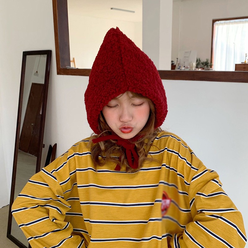 Mũ beanie lông cừu màu trơn chống gió có tai giữ ấm mùa đông cho nữ