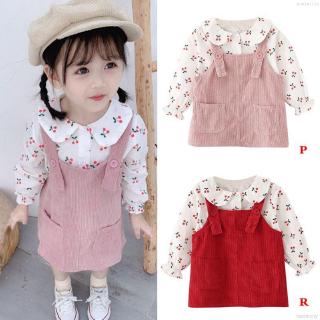 Set áo thun tay dài & chân váy yếm in hình quả cherry cho bé gái