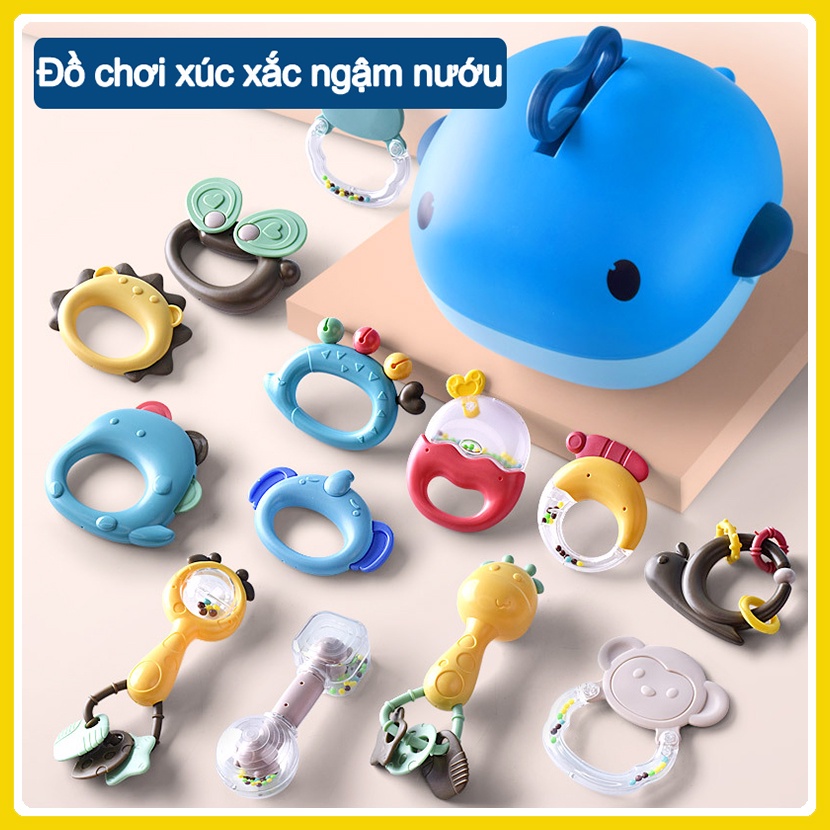 Bộ đồ chơi xúc xắc ngậm nướu, xúc sắc lục lạc 9,13 món hộp đựng hình cá heo có giá phơi đồ