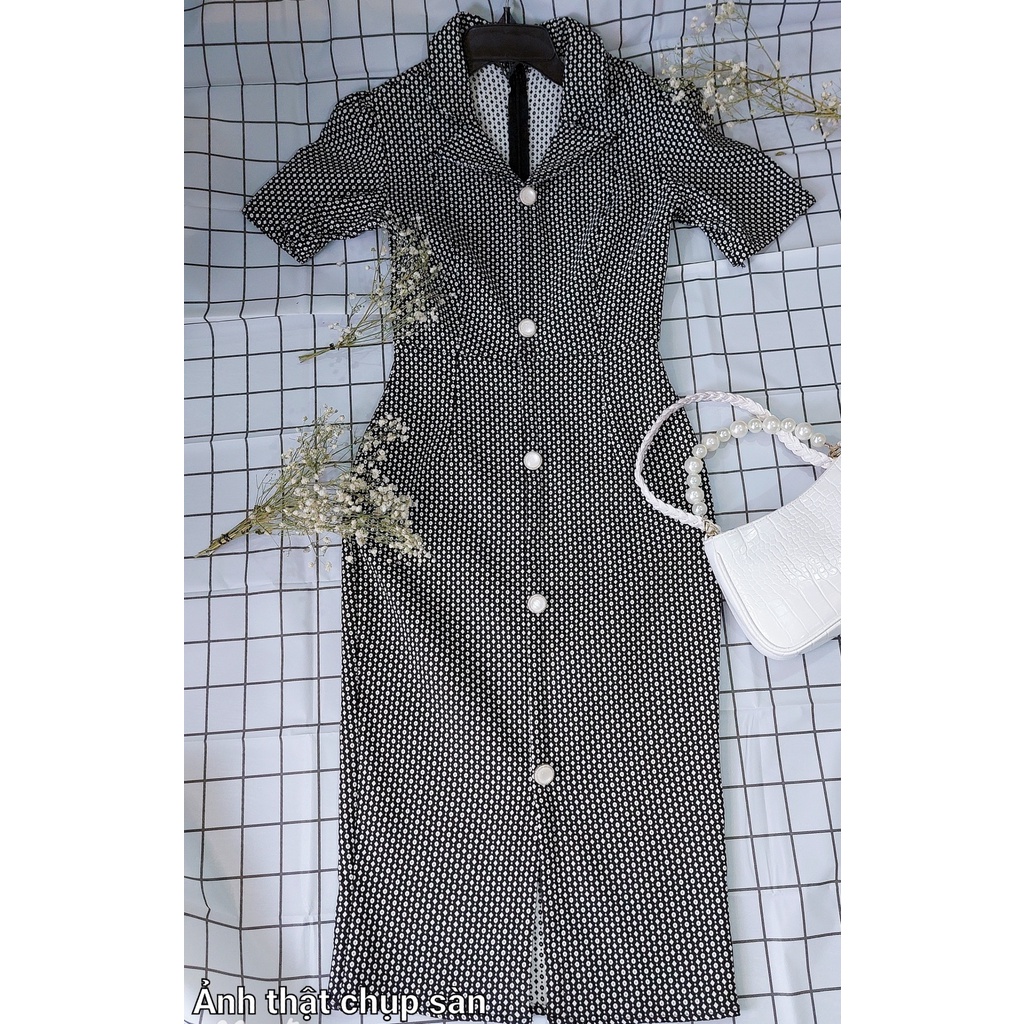 Đầm body cổ vest Da1462 vải co giãn phối cúc