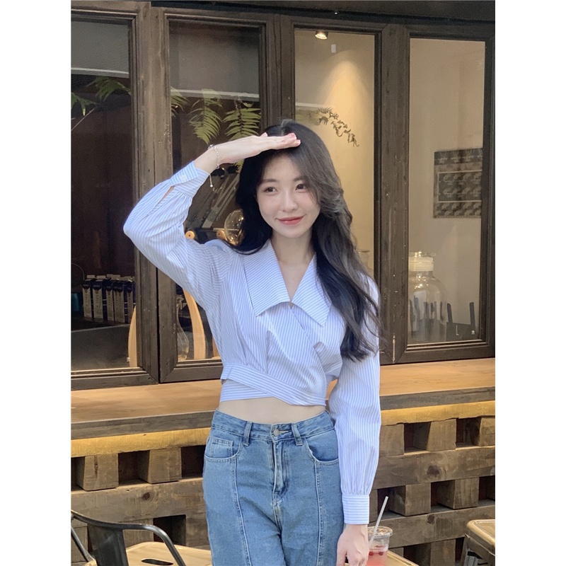 Áo sơ mi cách điệu A.297, Áo sơ mi kẻ sọc xanh dáng croptop vạt chéo nơ quấn eo cực xinh