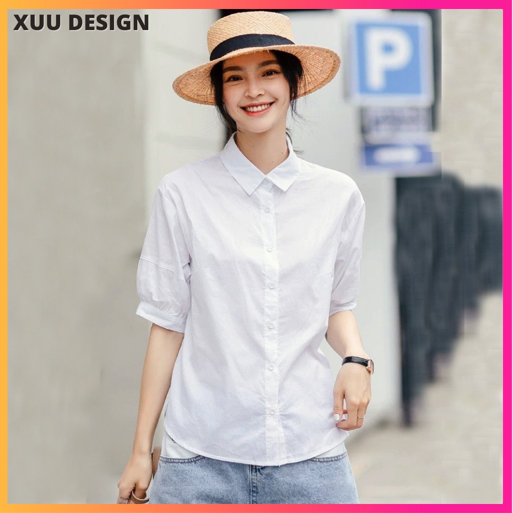 Áo sơ mi nữ tay lỡ Xuu Design, Áo somi tay bồng chất vải Tơ ý chống nhăn SM09