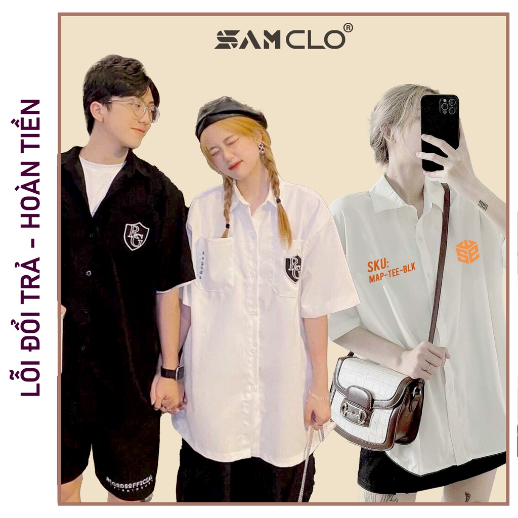 Áo sơ mi nữ SAM CLO cổ bẻ tay ngắn có túi - lỡ ulzzang form freesize dáng rộng unisex mặc cặp, nhóm, couple thêu logo RG
