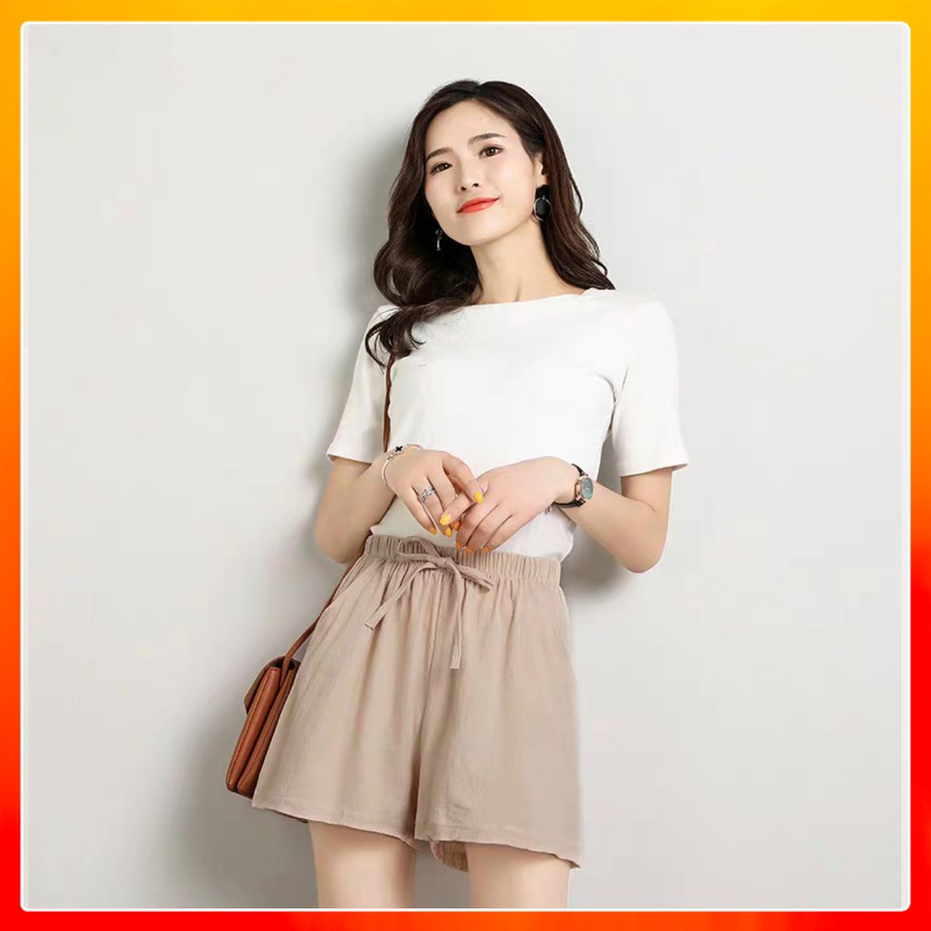 Quần shorts nữ đẹp ống rộng cạp chun chất đũi - SD01 | BigBuy360 - bigbuy360.vn