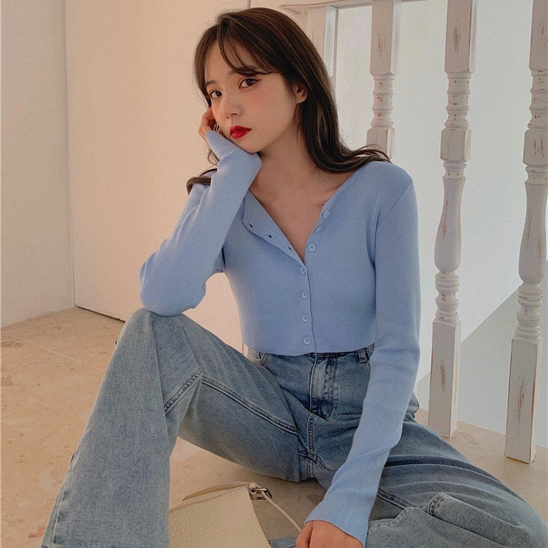 Áo Cardigan Tay Dài Cổ Tròn Thiết Kế Ôm Sát Tôn Dáng