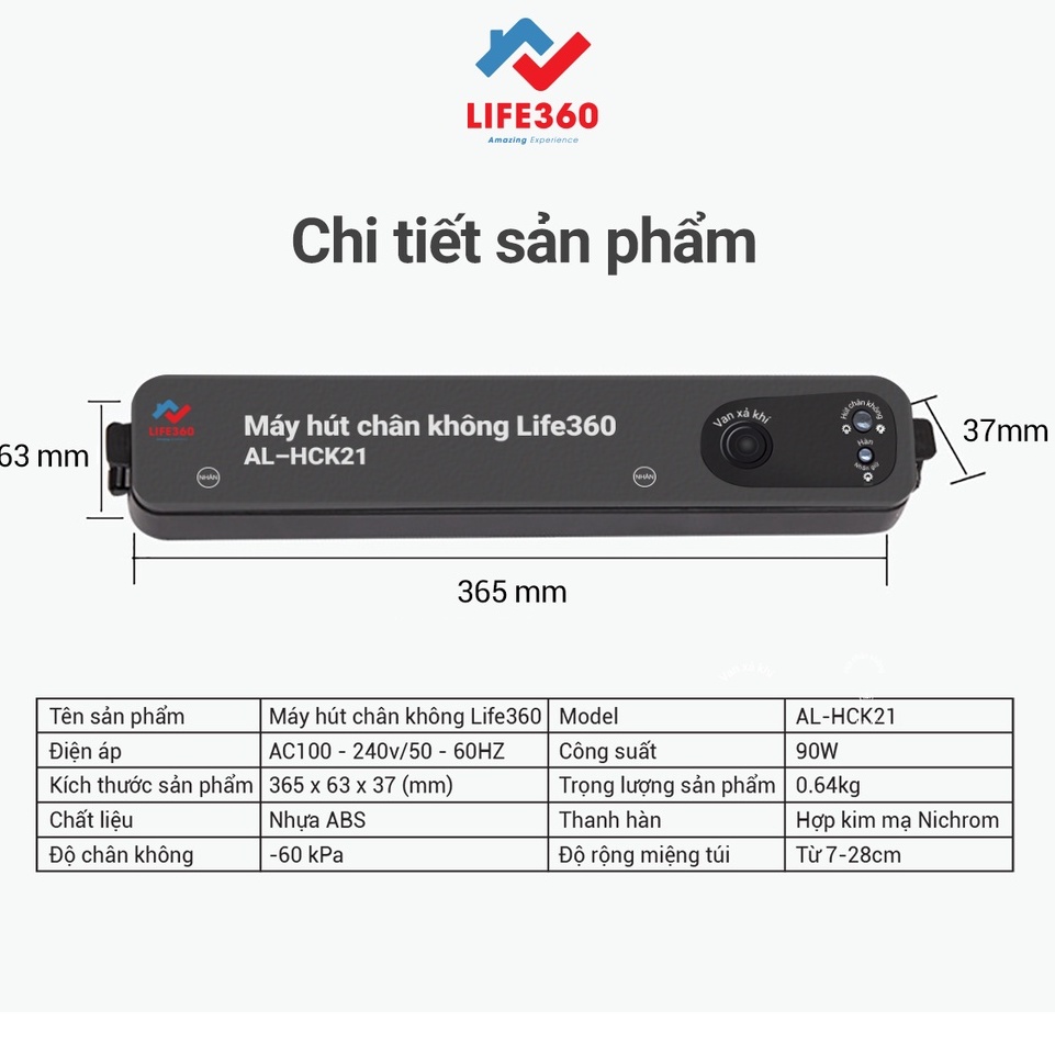 Máy Hút Chân Không Hàn Miệng Túi Life360 AL-HCK21 -Tặng Kèm 20 Túi Hút Chân Không - Hàng Chính Hãng