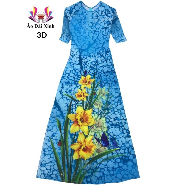 Áo dài truyền thống in 3D cổ tròn tay lỡ màu xanh hoa đá