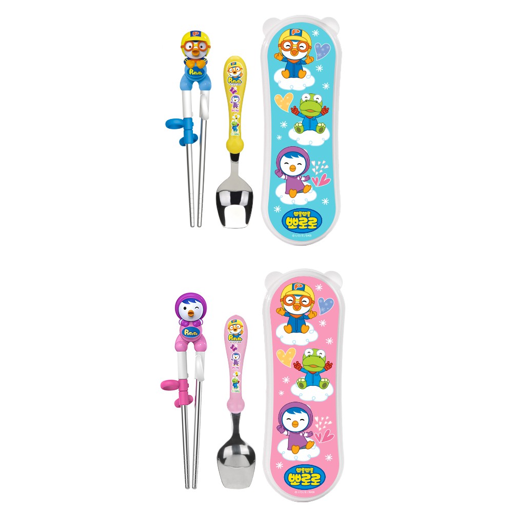 Bộ hộp, đũa, muỗng chim cánh cụt Pororo/Petty EDISON Stainless Chopsticks Pororo Easy Spoon & Case Set, Hàn Quốc