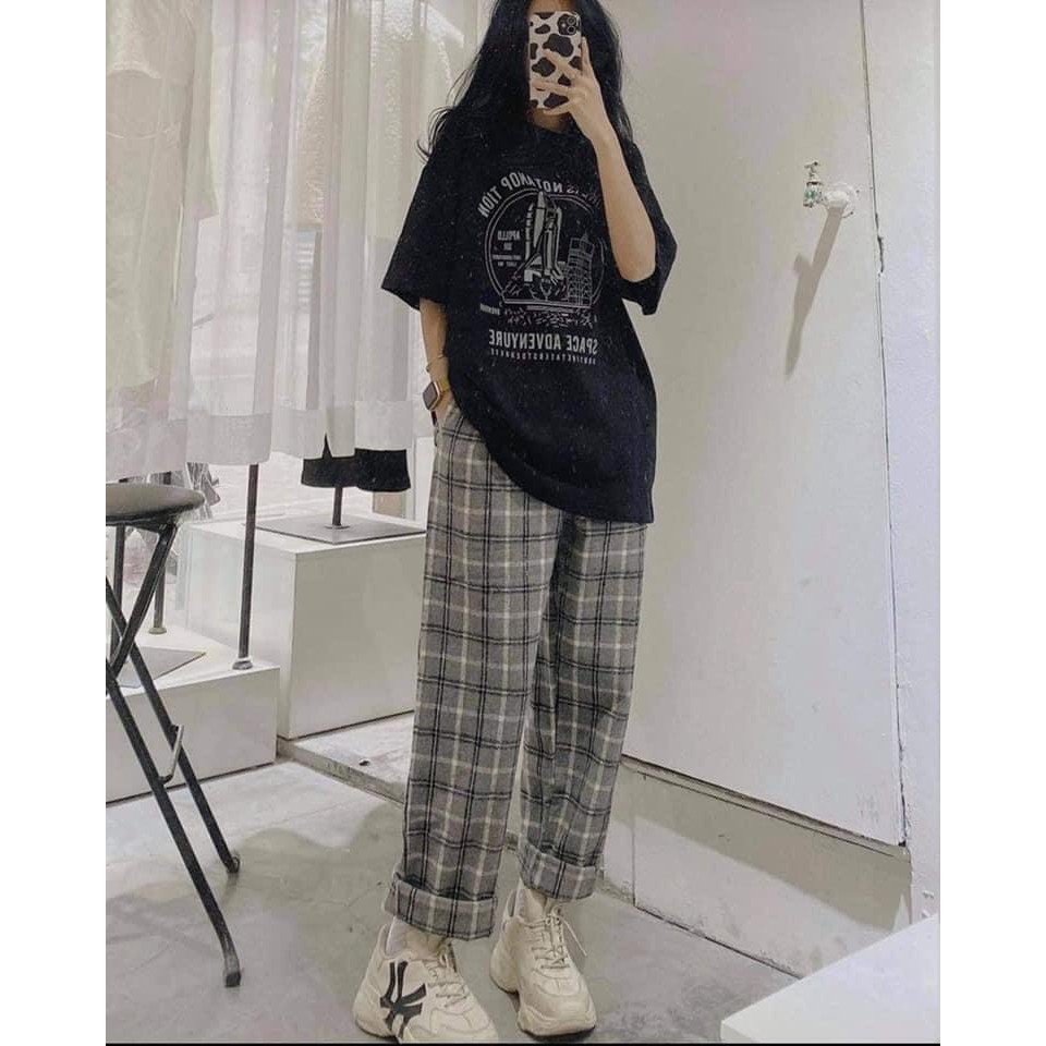 Set áo phông tay lỡ unisex họa tiết SPAKE phối quần suông ulzzang/ Áo thun nữ cộc tay dáng rộng quần kẻ sọc lưng thun | BigBuy360 - bigbuy360.vn