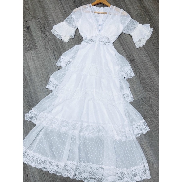 Đầm maxi voan lụa phối ren bi nhún tầng xoè qccc