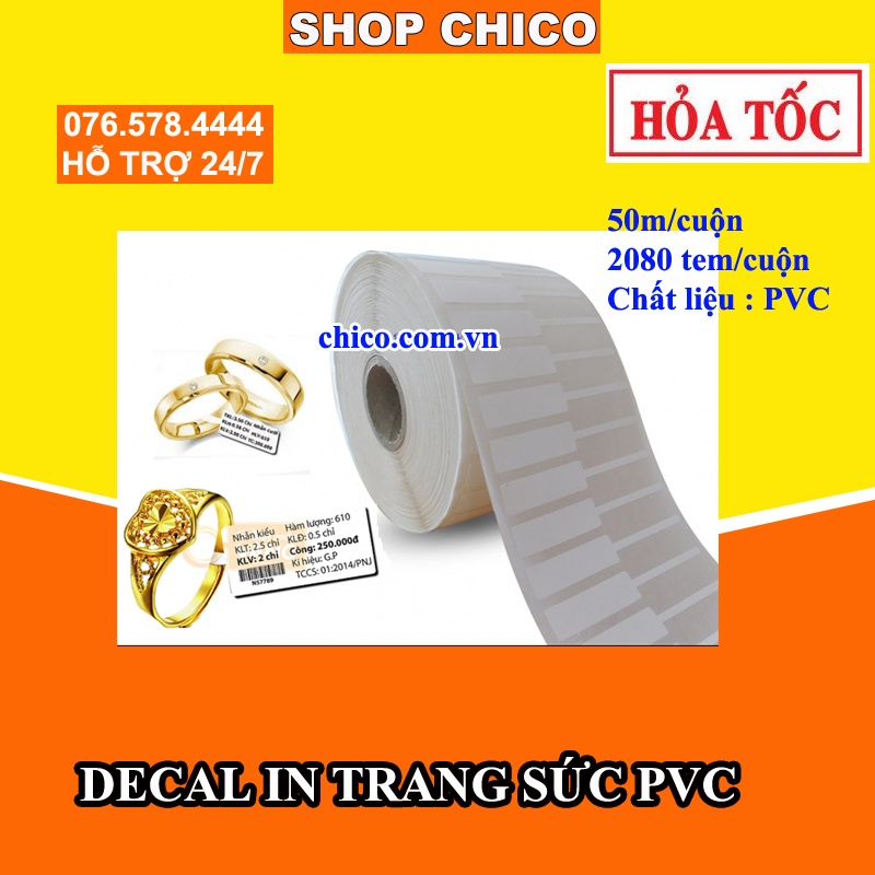 Giấy PVC in tem vàng bạc trang sức 42*10mm dai không rách in mực giá rẻ decal in tem vàng tem nhẫn
