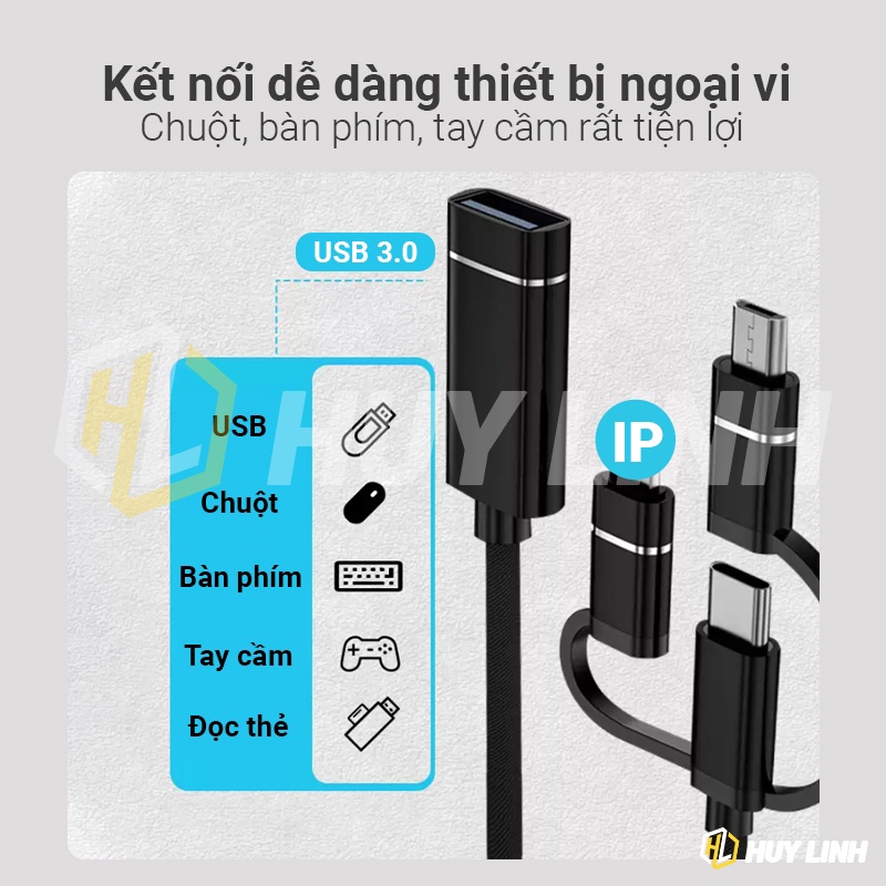 Cáp OTG Táo, Type-C và Micro ra USB 3.0 - Nhôm nguyên khối dài 18cm dây dù HL405