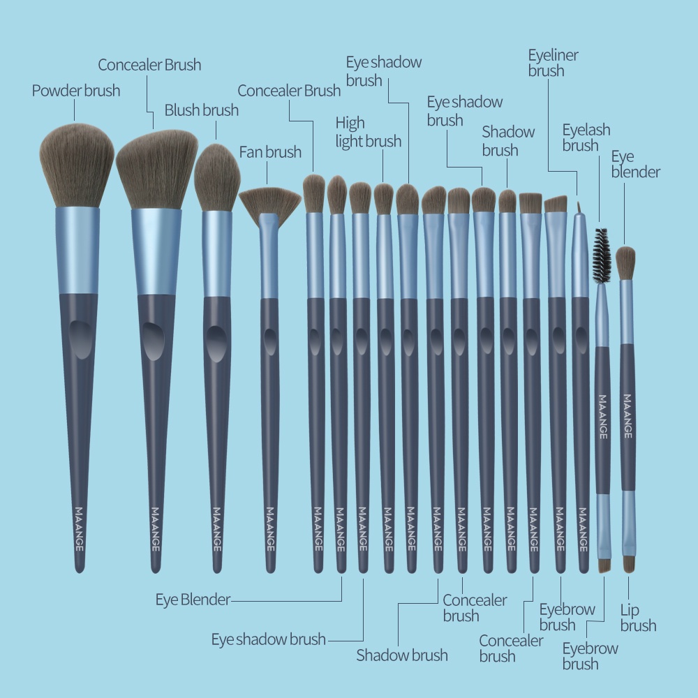 Set 18 cọ trang điểm MAANGE đa năng với lông cọ làm từ nylon bền bỉ dễ sử dụng
