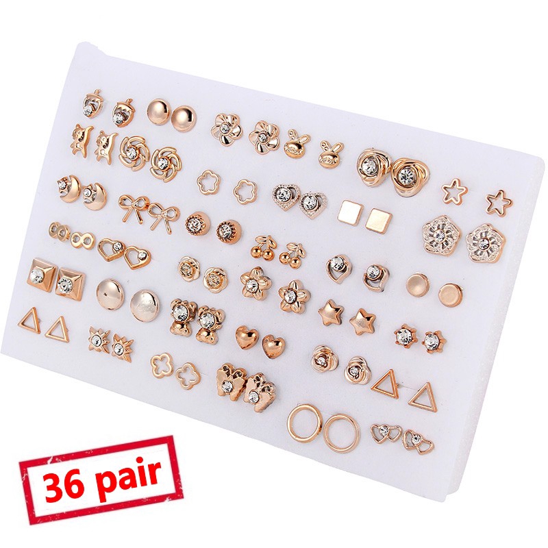 Bộ 36 hoặc 18 đôi khuyên tai màu vàng bạc nhiều kiểu dáng thời trang