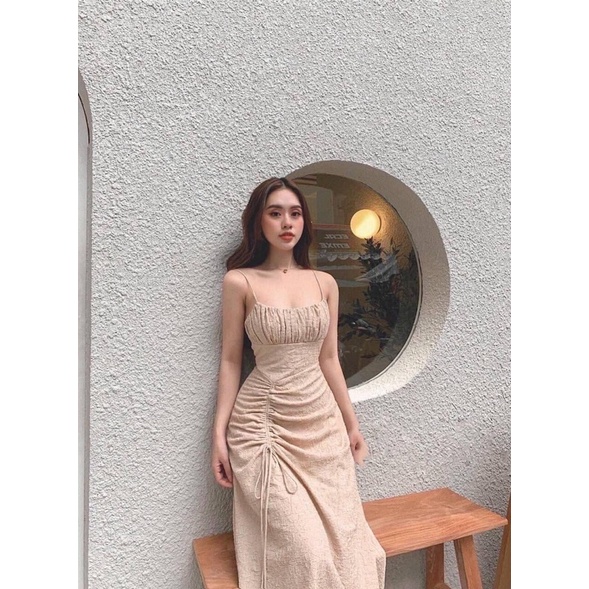 Đầm 2 dây midi tone nâu rút dây