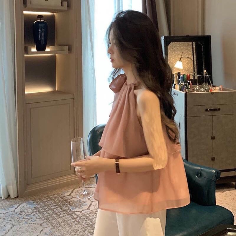 SET ÁO HỒNG CỔ YẾM TẦNG + QUẦN SUÔNG TRẮNG✨