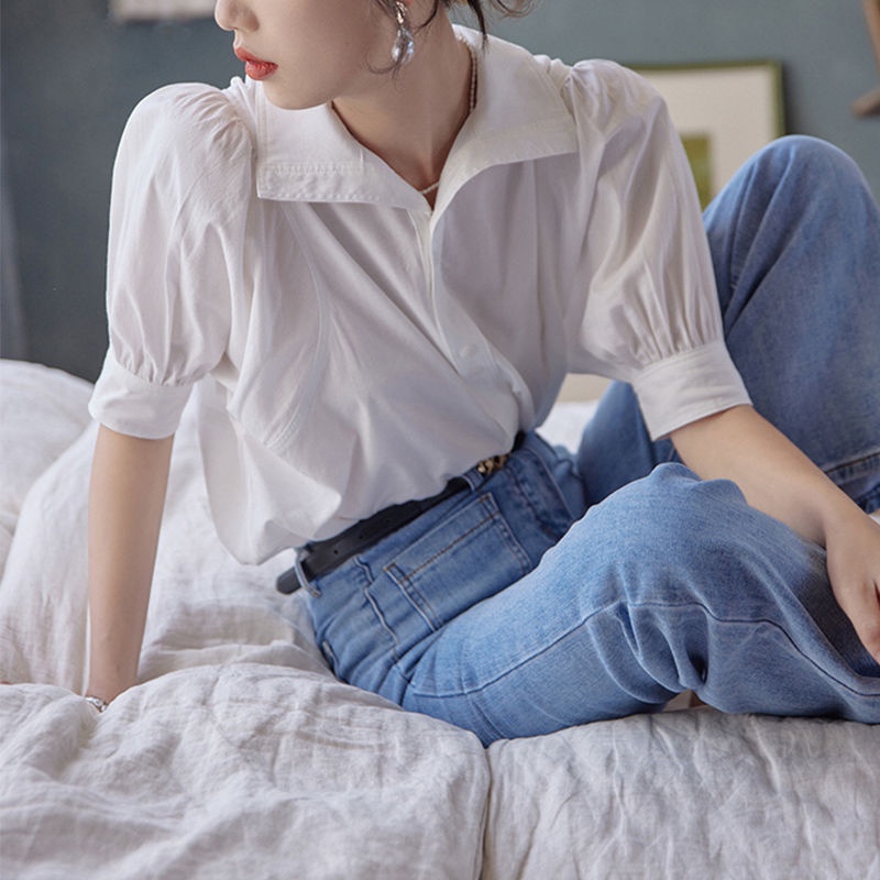 Áo sơ mi chiffon tay phồng dáng rộng phong cách retro thời trang Hong Kong dành cho nữ