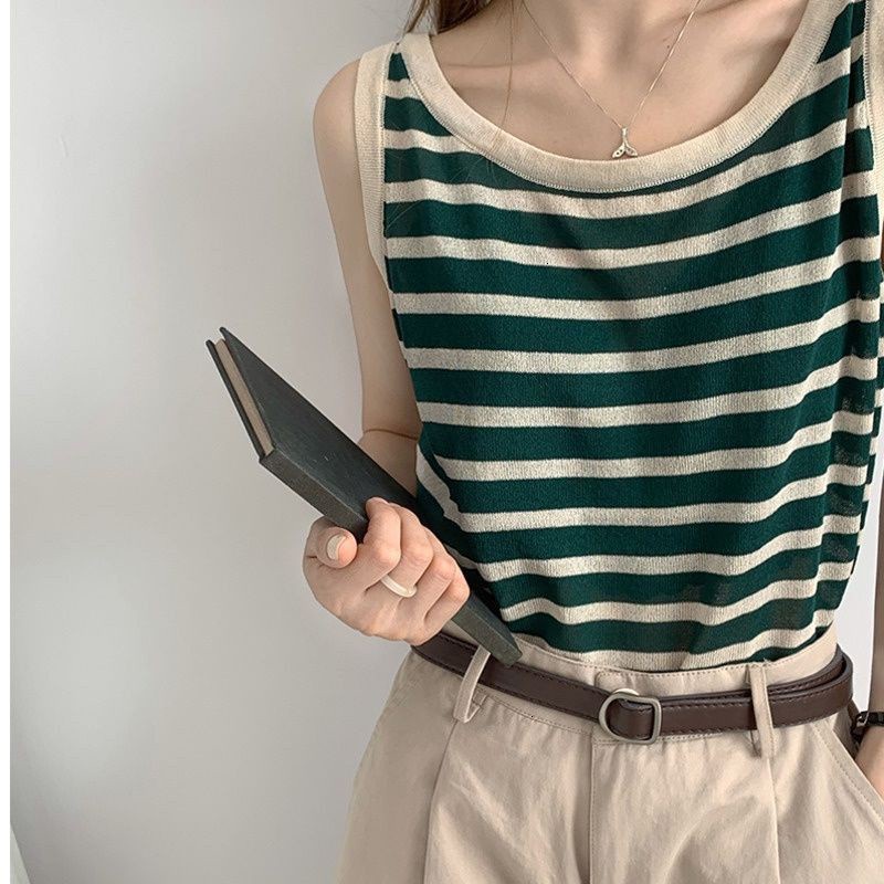 Áo sát nách dệt kim buộc dây kẻ sọc thời trang Hàn Quốc cho nữ