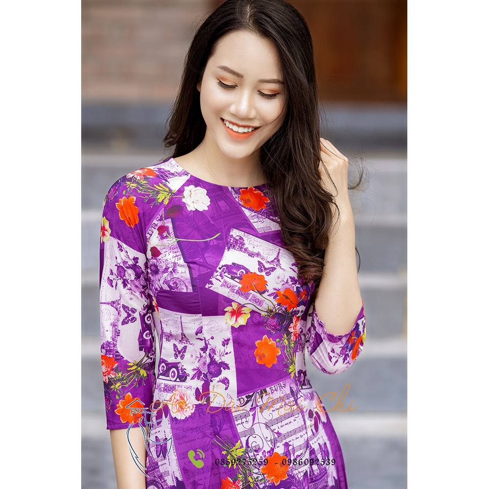 Bộ áo dài truyền thống họa tiết hoa hồng màu tím