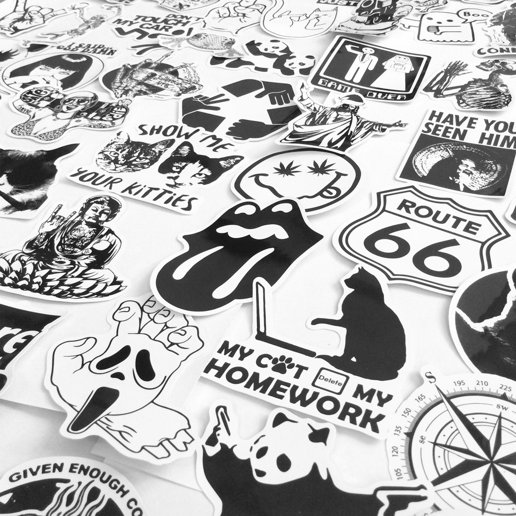 Sticker Trắng Đen - Bộ 20 50 100 Hình Dán Trang Trí Mũ Bảo Hiểm Điện Thoại - Chống Thấm Nước