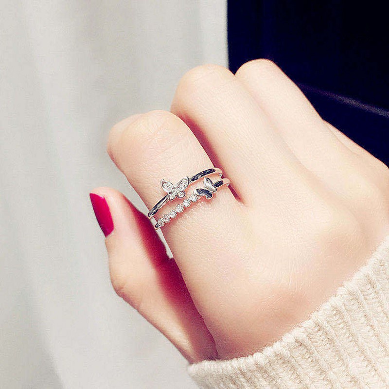 Nhẫn hở mạ bạc hình bướm đính đá zircon có thể điều chỉnh kích thước thời trang