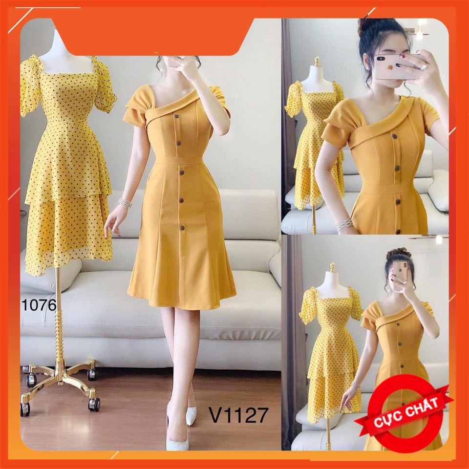 Donglong (Donglong) [Hot] Đầm Vàng Sơmi Quý Phái Ảnh Thật Shop Tự Chụp Sang Trọng MHB18