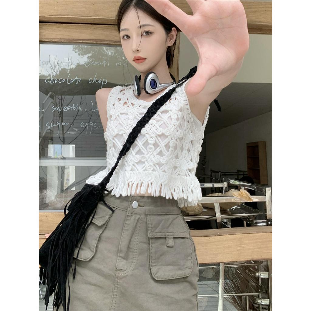 [Augustcloth] Áo cộc tay cổ tròn lưới lưn móc tua rua