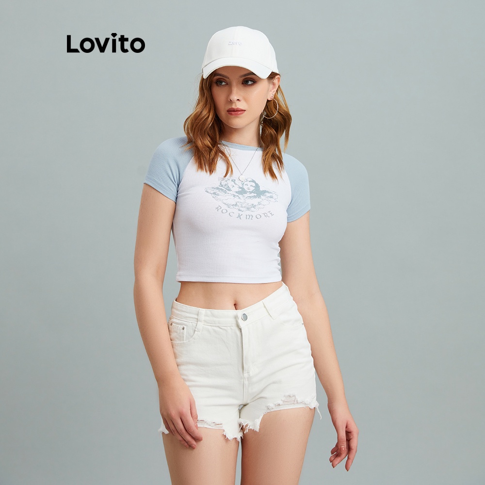 Áo thun Lovito dáng ngắn ghép nối màu sắc phong cách Preppy L10915 (Màu xám) | BigBuy360 - bigbuy360.vn