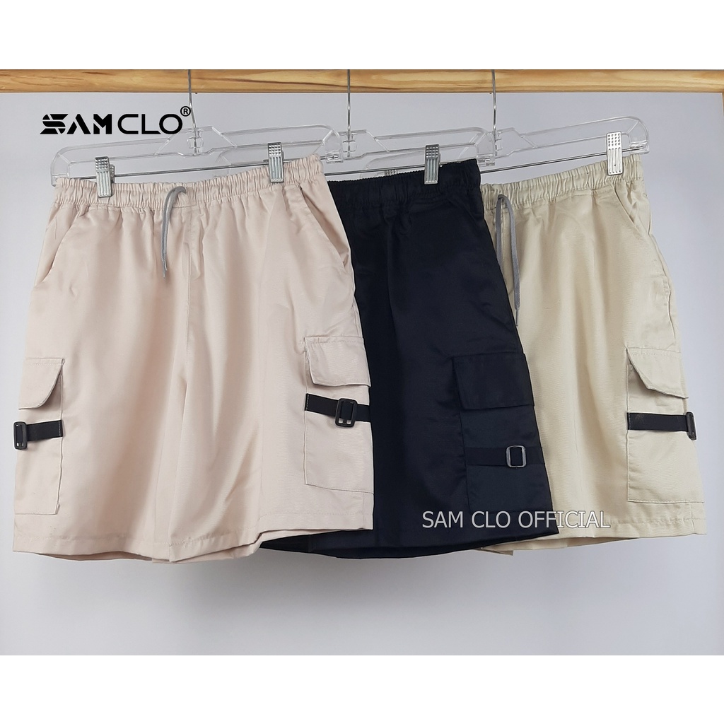 Quần đùi SAM CLO - Quần short Kaki nam nữ túi hộp phối dây dáng suông ống rộng