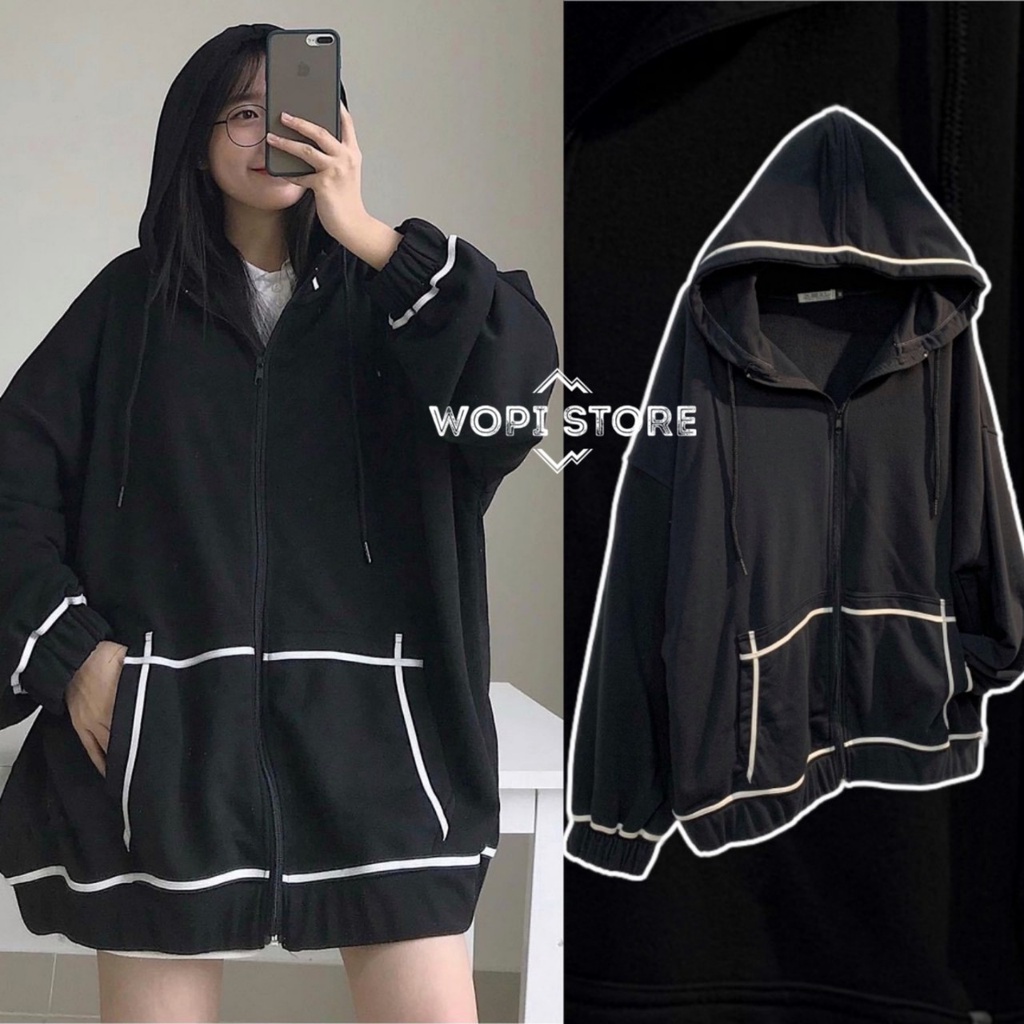 Áo Khoác Hoodie Phối ZIP LINE Nổi Vải Nỉ Bông Form Rộng Ulzzang Unisex