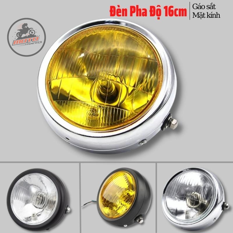 Đèn pha xe máy độ 16cm gáo săt sơn đen mặt kính trong chuyên độ các dòng xe classic, cafe racer , vintage