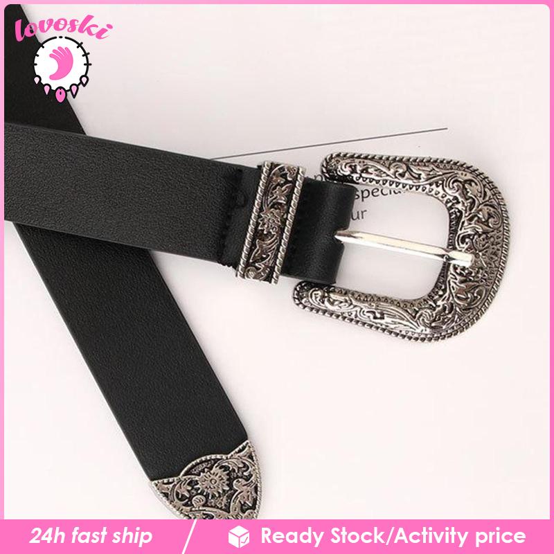 Thắt Lưng Giả Da Khóa Chạm Khắc Màu Đen Thời Trang Cho Nữ