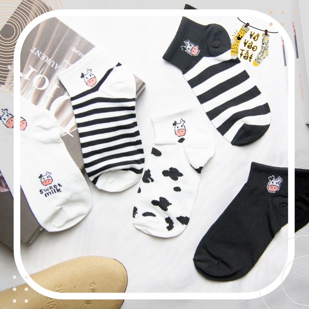 TẤT VỚ NỮ CỔ NGẮN TRẮNG ĐEN BÒ SỮA