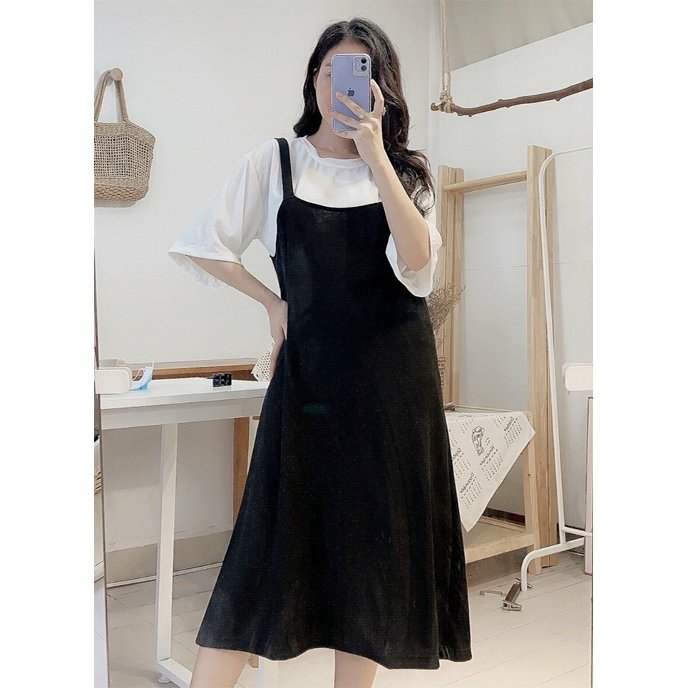 Set Đầm Bầu Yếm Kèm Áo Phông Cotton Tay Lỡ Bộ Váy Yếm Áo Thun Dáng Rộng Hàng VNXK | BigBuy360 - bigbuy360.vn