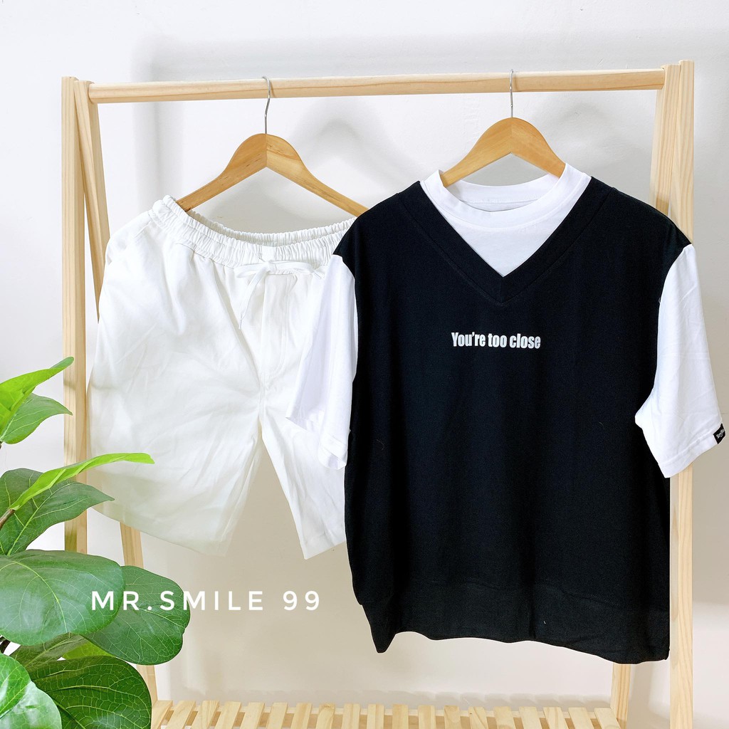 [Hình Thật] ÁO THUN PHỐI TAY TRẮNG UNISEX MR SMILE 99 SHOP ULZZANG STREET STYLE